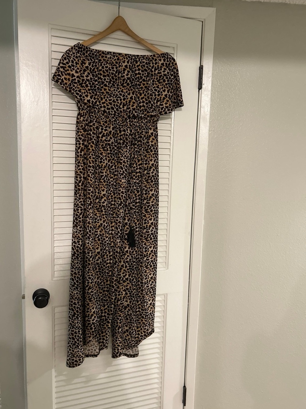 Wild Honey Leopard Print Off-Shoulder Maxi Jumpsuit in Tan and Black